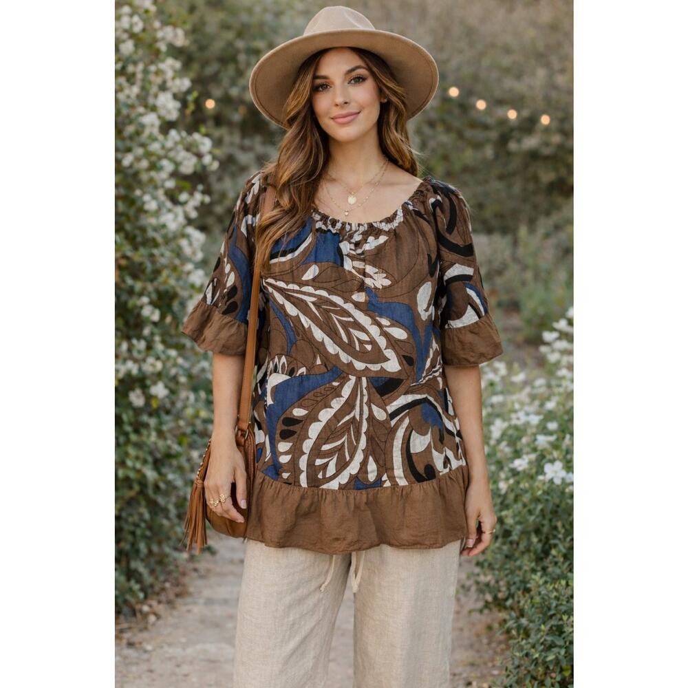 Terzo Millennio Italian Linen Top Large Boho Paisley Brown Blue Ruffle Hem